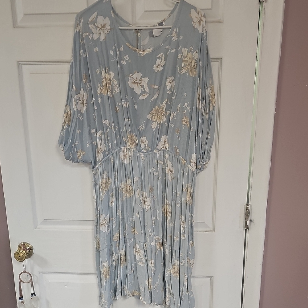 Honeyme Blue Midi Sundress with V-Neck and Bishop Sleeves